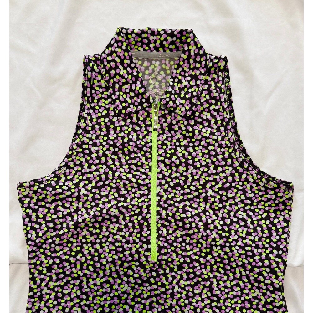Jofit Women's Sleeveless Golf Polo Shirt XS Black Neon Green Polka Dot 1/4 Zip